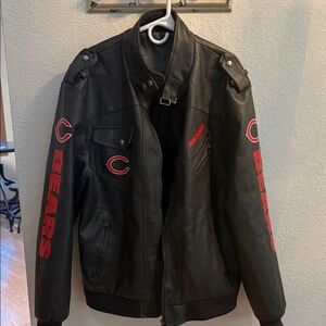 Black Leather Bomber Jacket with Red Team Graphics